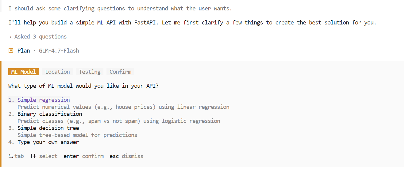 Accepting the recommendation in the opencode plan mode