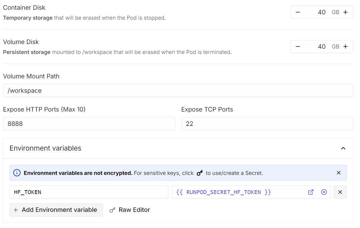 Configure o tamanho do disco RunPod e as variáveis de ambiente