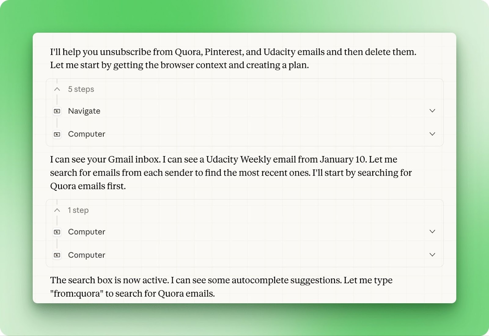 Claude Cowork using Chrome extension to navigate Gmail and search for emails
