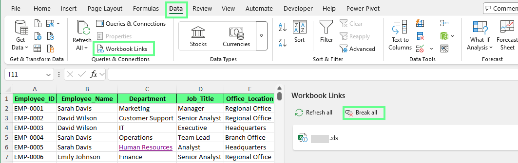 Remove external workbook link in Excel.