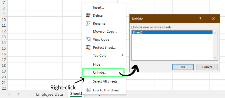 Unhiding sheets in Excel