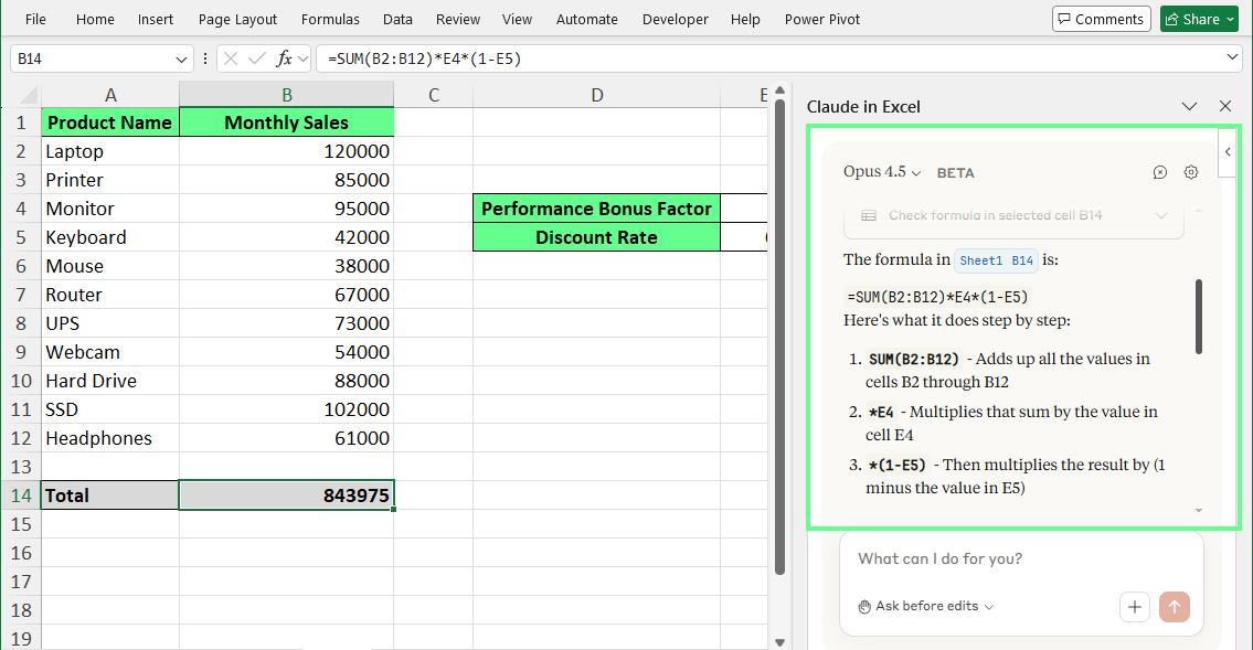 Claude in Excel explains the formula in a cell step by step.