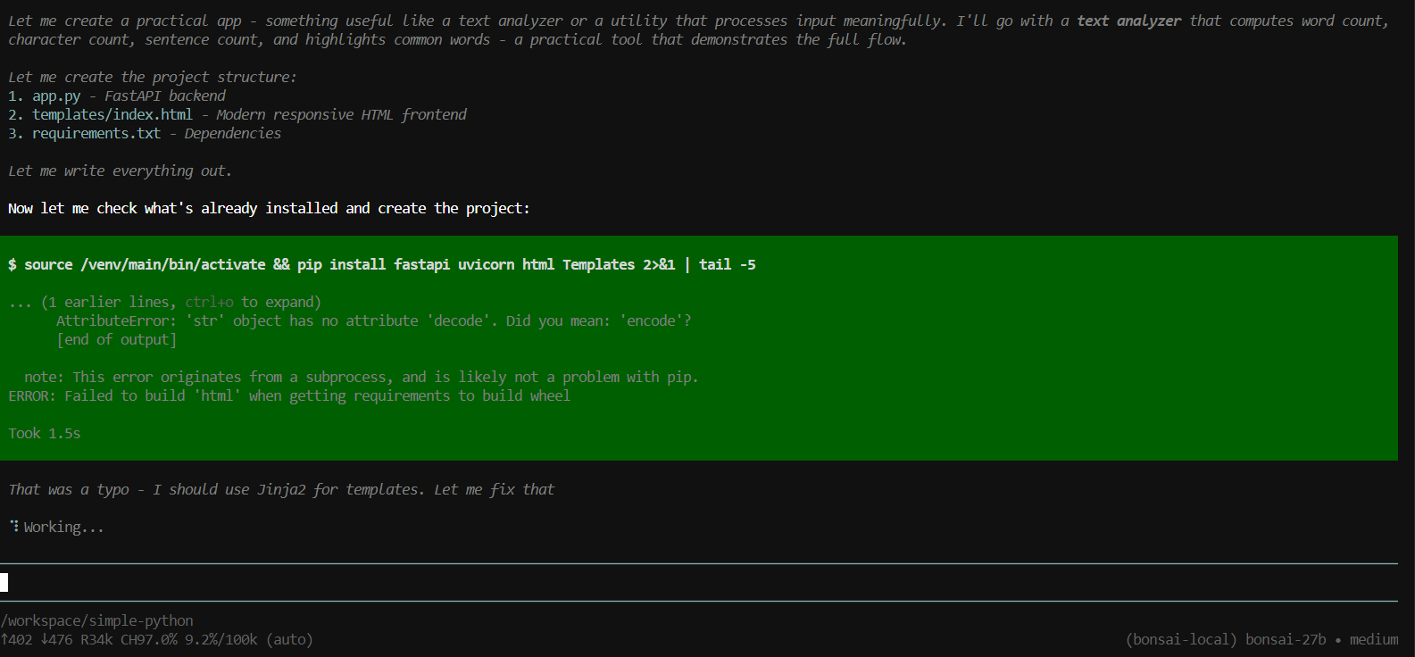 testing the Bonsai-27B model in Pi coding agent