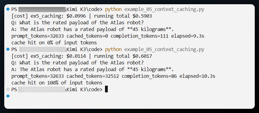 Two terminal runs of the caching script showing a cache miss cost near ten cents and a cache hit cost near one cent.