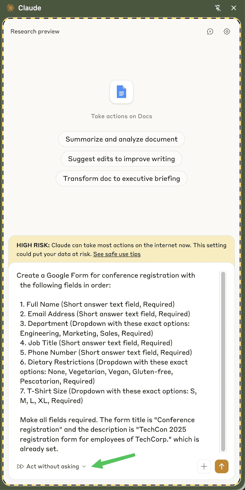Claude receives the form creation prompt