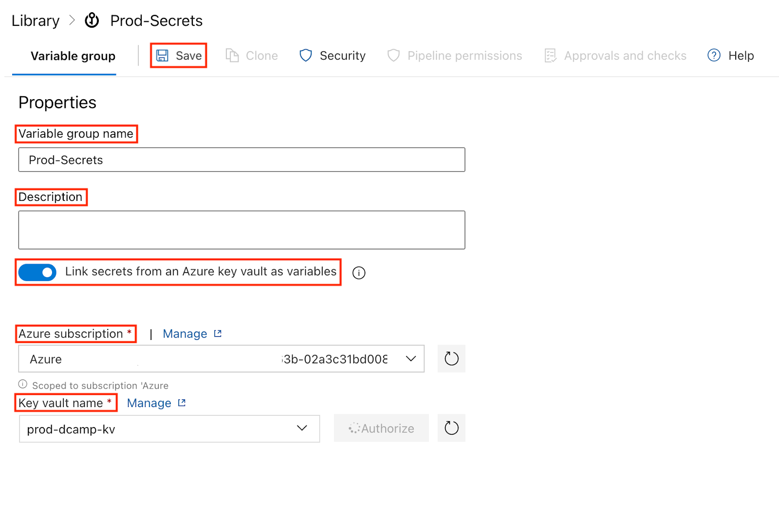 Screenshot of the Variable Group creation page in Azure DevOps. Fields filled include variable group name, optional description, toggle switched on to link secrets from Azure Key Vault, selected Azure subscription, and chosen Key Vault name. The “Save” button is visible.