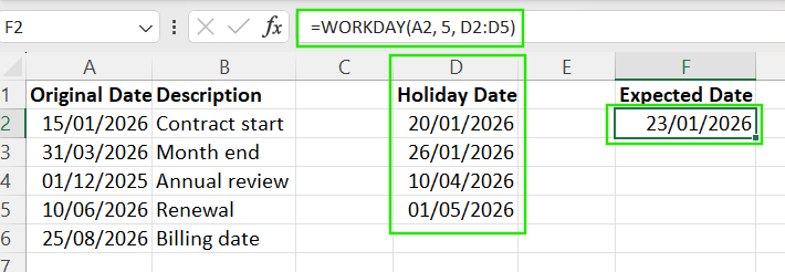 How to use WORKDAY() to skip weekends and holidays in cell range when adding days to a date in Excel.