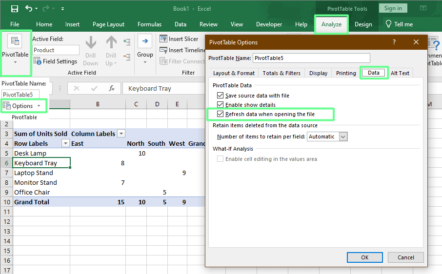Set the auto refresh of the pivot table in Excel.