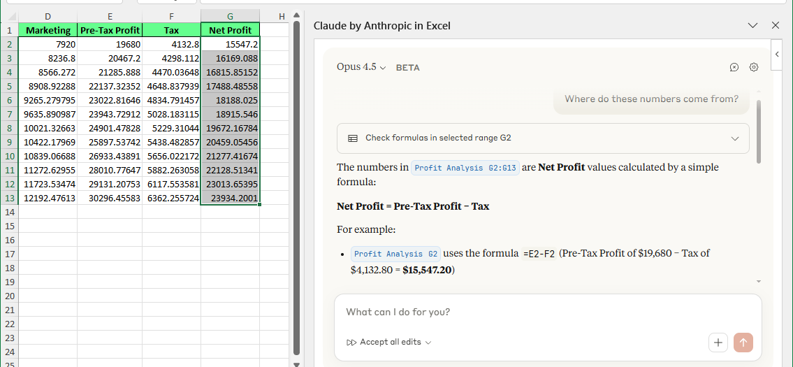 Ask questions with Excel Claude