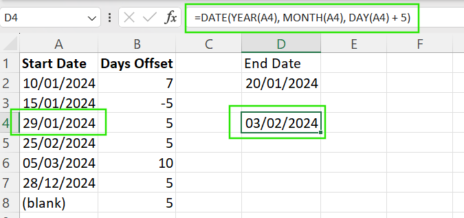 How to use DATE function in Excel to handle month-end boundaries.