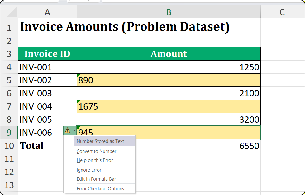 Excel cells showing numbers stored as text with green triangle warning indicators and left alignment