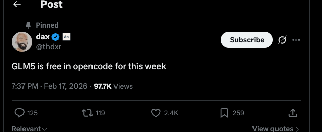 GLM5 is free in opencode for this week on OpenCode