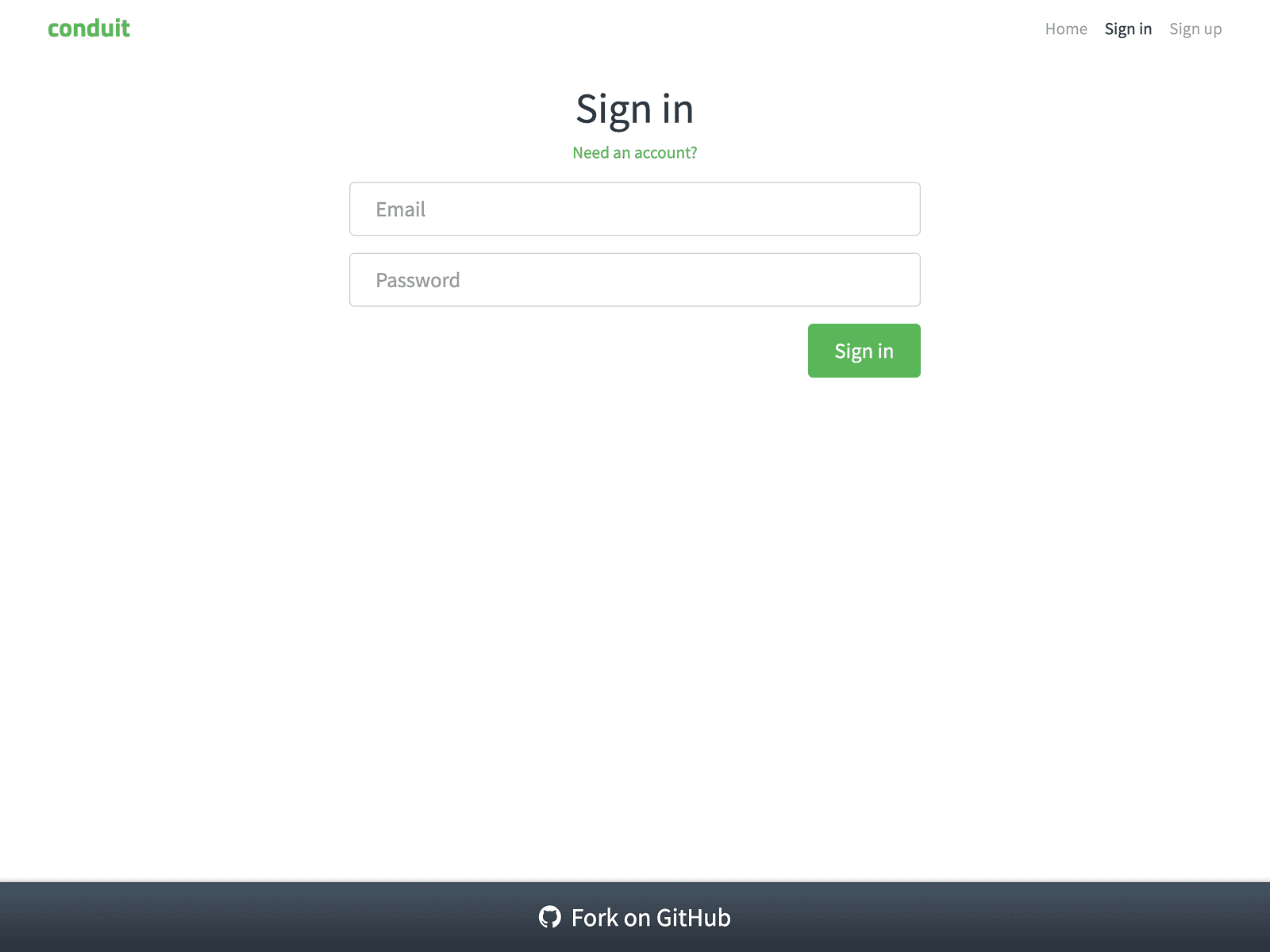 Conduit sign-in page displaying centered form with 'Sign in' heading, link to sign up page, email input field, password input field, and green 'Sign in' button