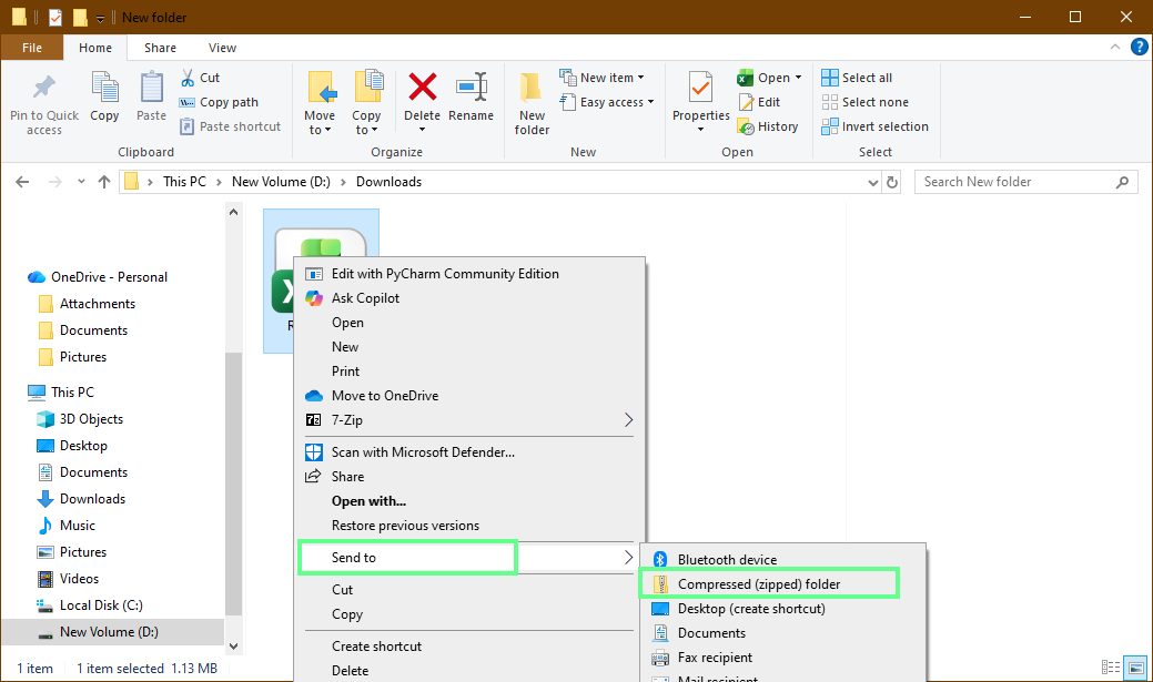 Compressing the Excel file to a ZIP folder.