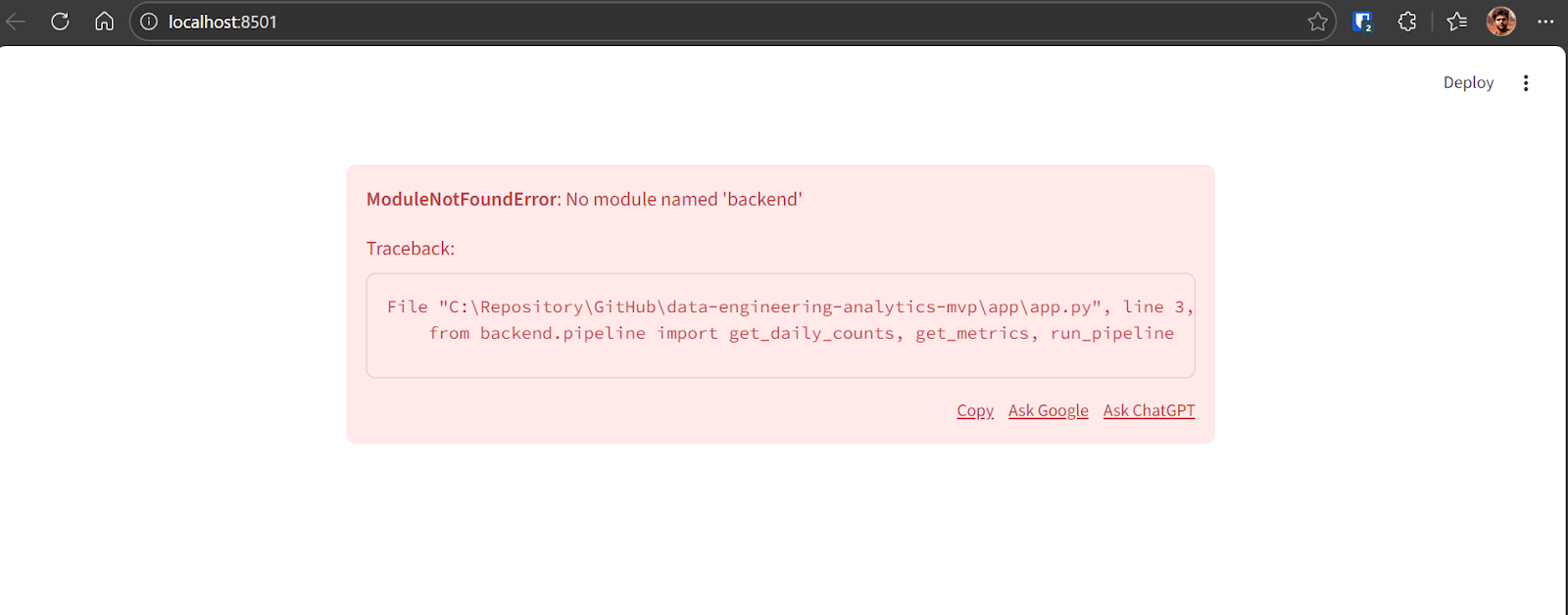 When running the Streamlit application in the browser, an error related to the project files appeared.