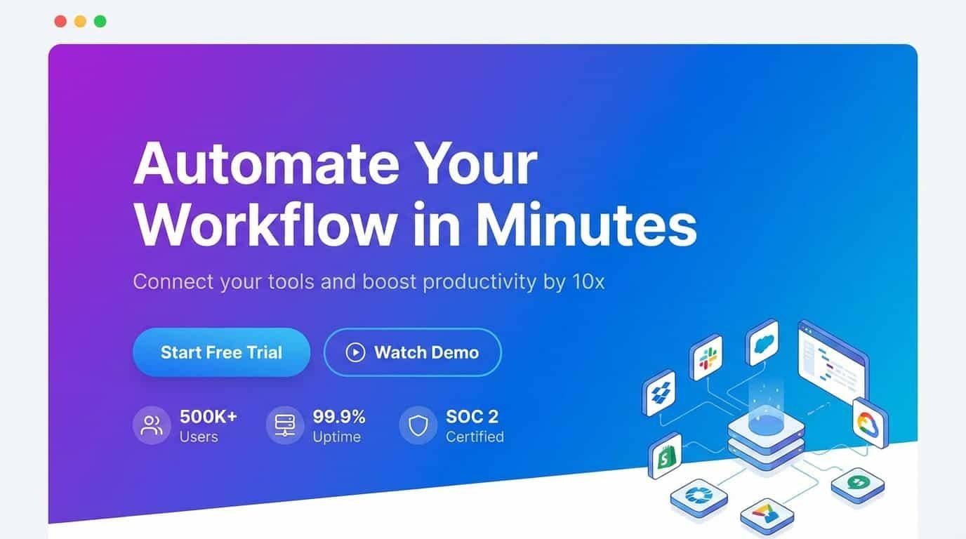 Sezione hero di sito SaaS con titoli, pulsanti e badge di fiducia chiari che dimostrano la resa del testo di Nano Banana Pro nel design UI