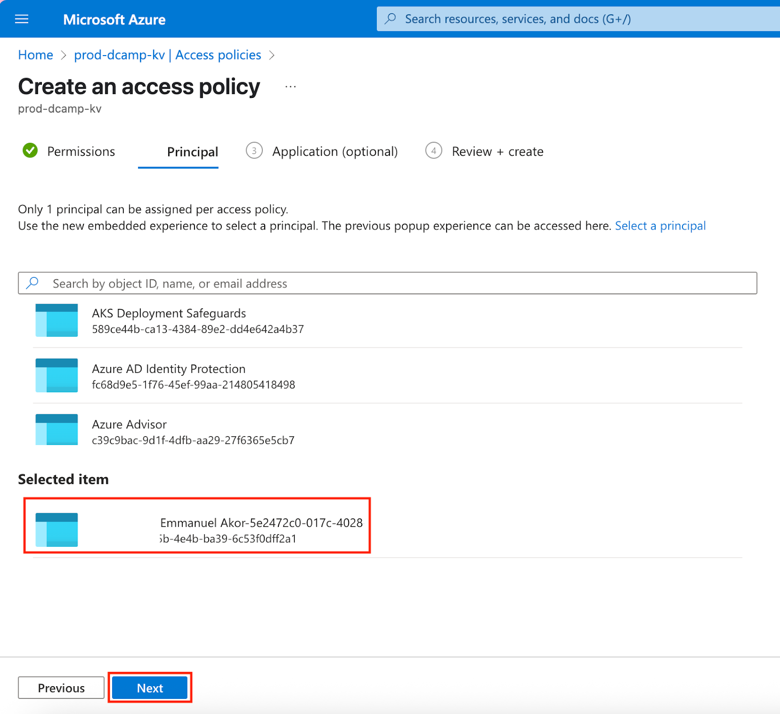 Screenshot of the Principal selection step in the access policy setup. A service principal is selected, and the “Next” button is shown at the bottom.