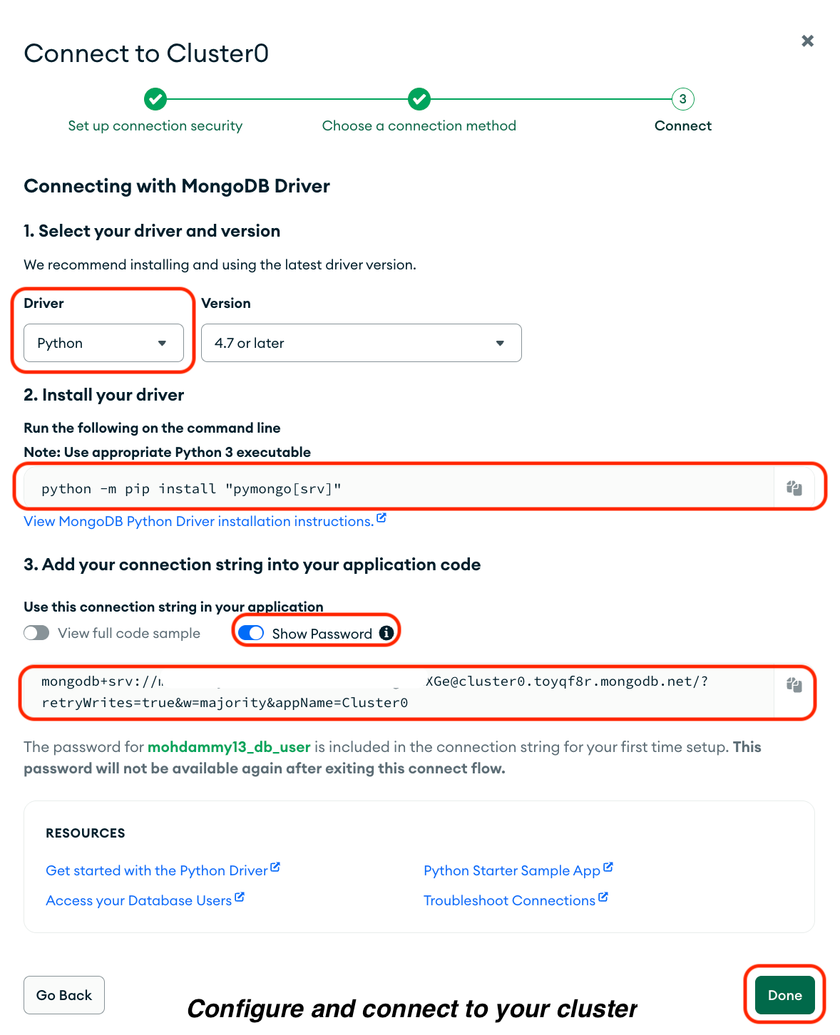 Image highlighting the Python driver, installation command, connection string, and the Done button