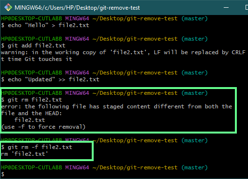 Removing uncommitted file using the -f option.