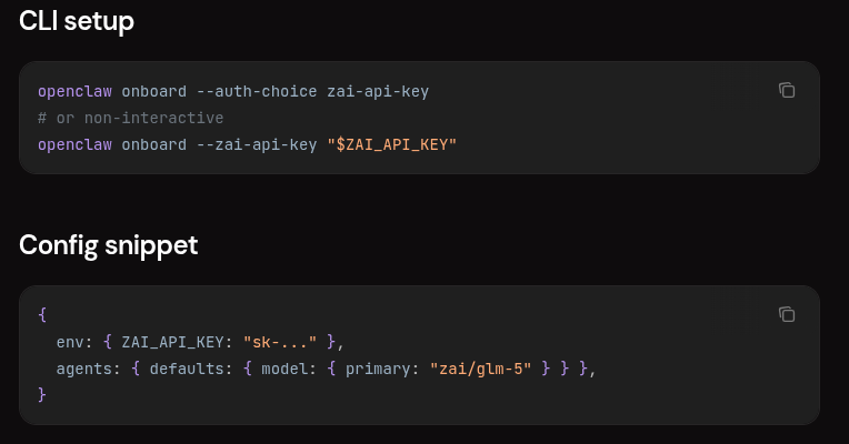 A screenshot showing OpenClaw's support for GLM-5 model