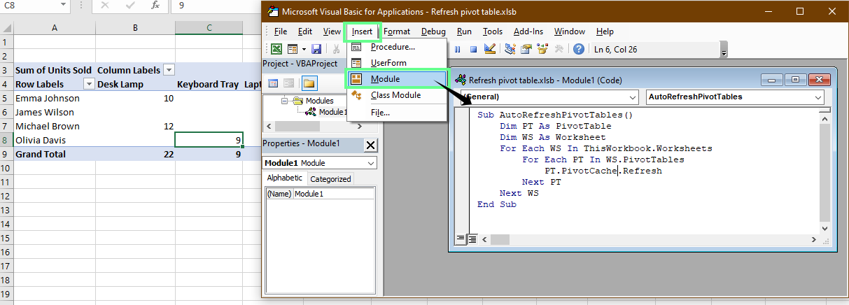 Refreshing the PivotTable using VBA in Excel.