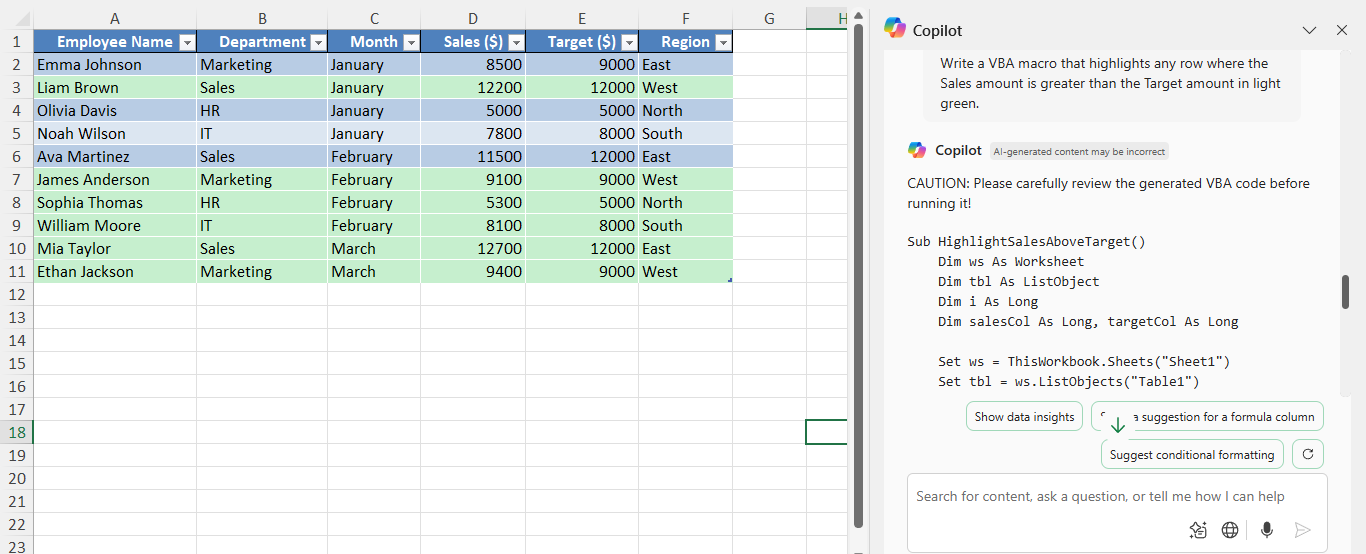 Create VBA macro with Copilot in Excel.