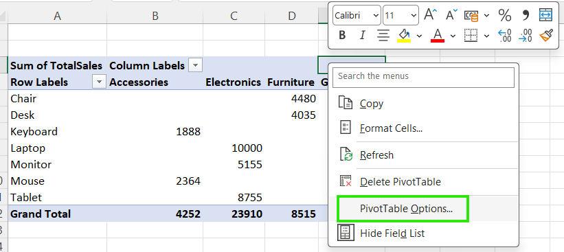 PivotTable Options in Excel