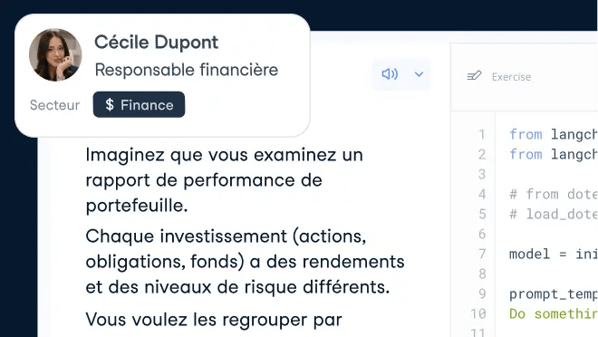 Captures d’écran des parcours d’apprentissage et un graphique d’activité.