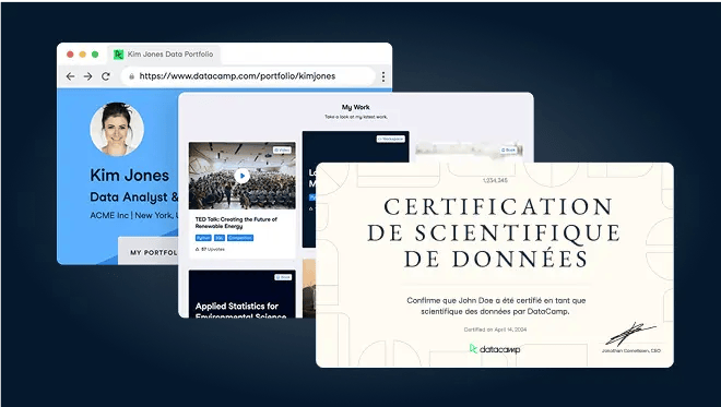Captures d’écran des certifications, des certifications disponibles et des profils.