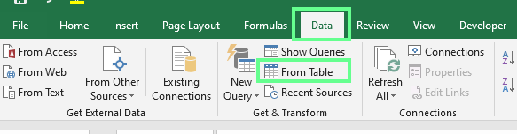Auswählen der Option "Aus Tabelle" in Excel