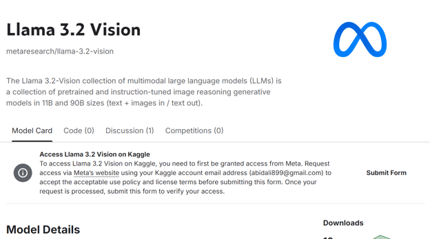 Halaman model Llama 3.2 Vision di Kaggle.