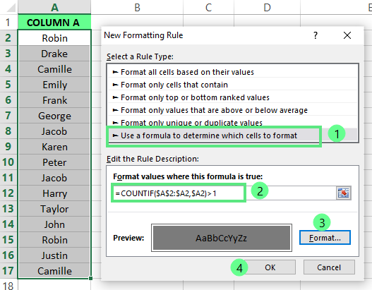 Hervorhebung des zweiten Auftretens von Duplikaten in Excel
