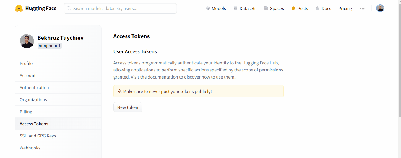 Một ảnh Gif cho thấy cách tạo access token trong Hugging Face