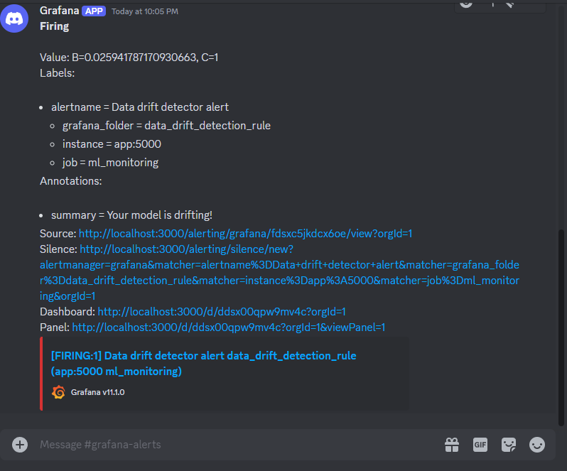 A sample alert message when drift was detected in Discord sent by Grafana.