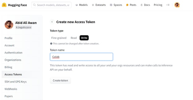 Genereer de nieuwe Hugging Face access token
