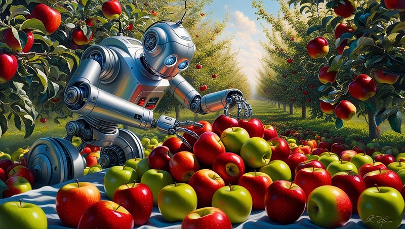 An image of a robot sorting apples for explaining data and concept drift terms.