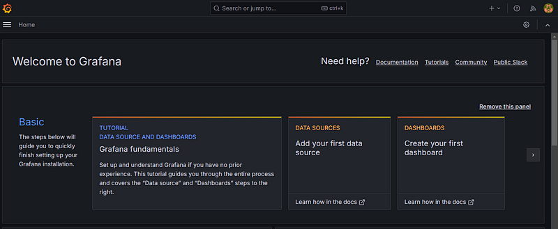 The homepage of the Grafana UI