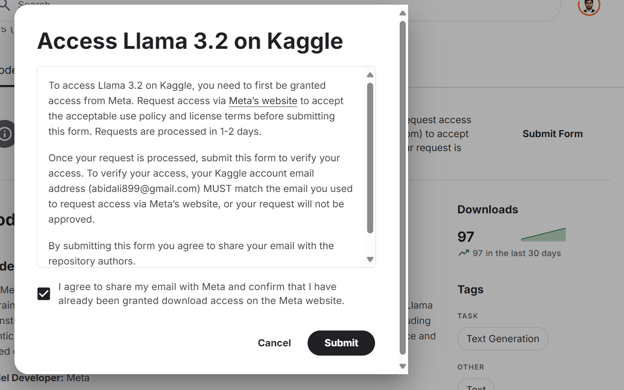 Meminta akses model llama 3.2 dari situs Kaggle. Menerima persyaratan.