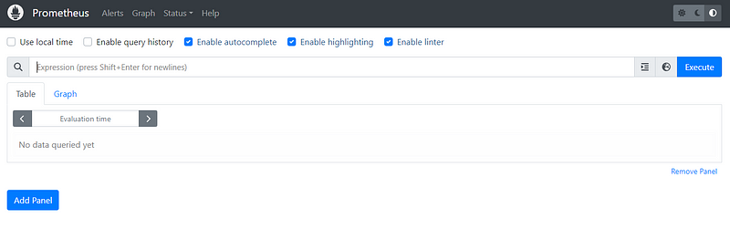The startup page of Prometheus