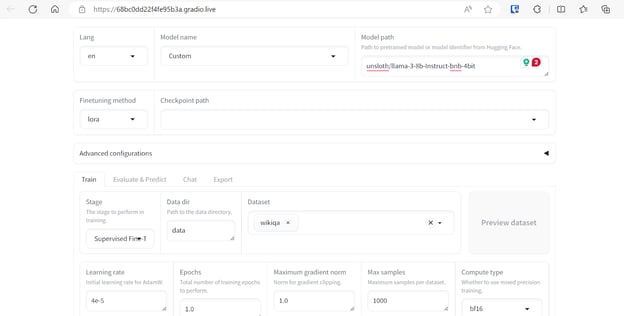 Model en dataset instellen in de LlaMA-Factory WebUI