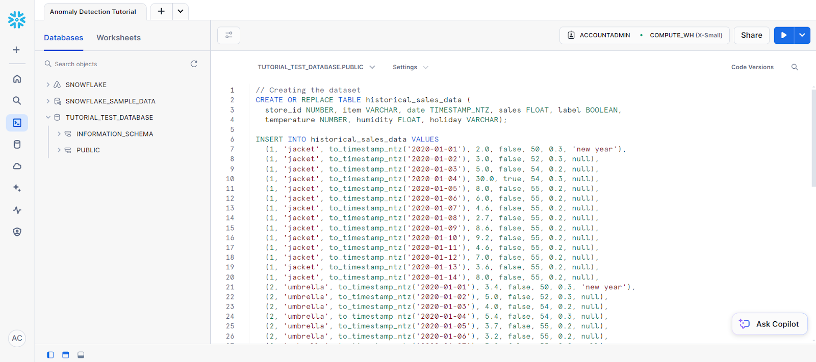 anomaly detection SQL worksheet