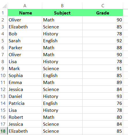 Conjunto de datos de registros de estudiantes en Excel