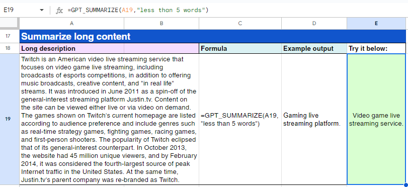 GPT_SUMMARIZE() en acción