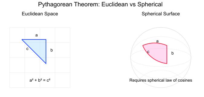 Comparaison côte à côte du théorème de Pythagore dans l'espace plat (à gauche, triangle droit bleu avec a²+b²=c²) et dans l'espace courbe (à droite, triangle sphérique rose avec cos(c)=cos(a)cos(b)+sin(a)sin(b)cos(C))