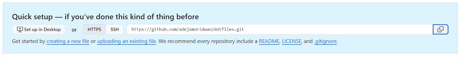 Imagem mostrando a url do repositório do github do repositório dotfiles no GitHub