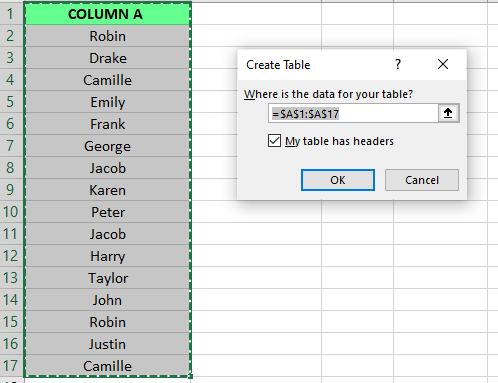 Wähle die Daten automatisch aus und drücke ok in Excel