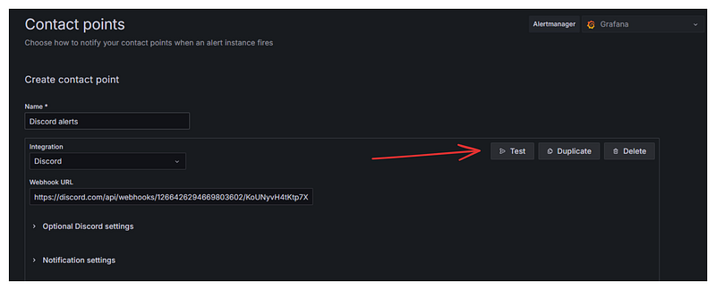 Testing the Discord alerts contact point in Grafana UI
