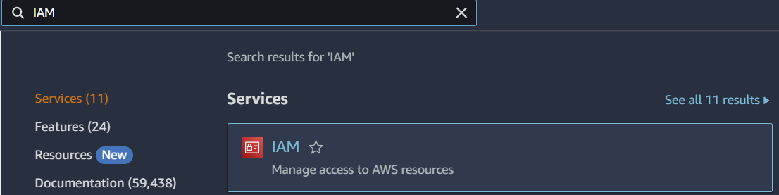 Uma imagem do console do AWS procurando por IAM