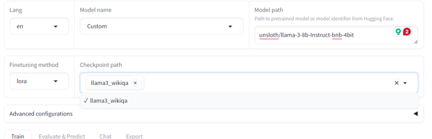 het Checkpoint path instellen in de LlaMA-Factory WebUI