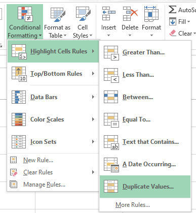 Formato condicional y selección de la opción Duplicar valores en Excel